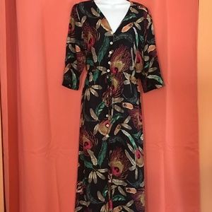 Colorful Peacock Dress, Full Long Length, Lightweight, Buttons. Half Sleeve, M L